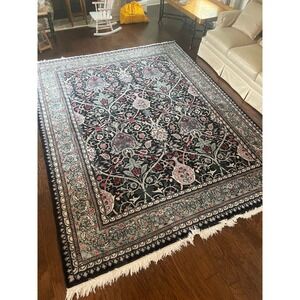 Vintage 8x10 Hand Knotted Wool Rug William Morris Arts & Crafts Black Floral 90s